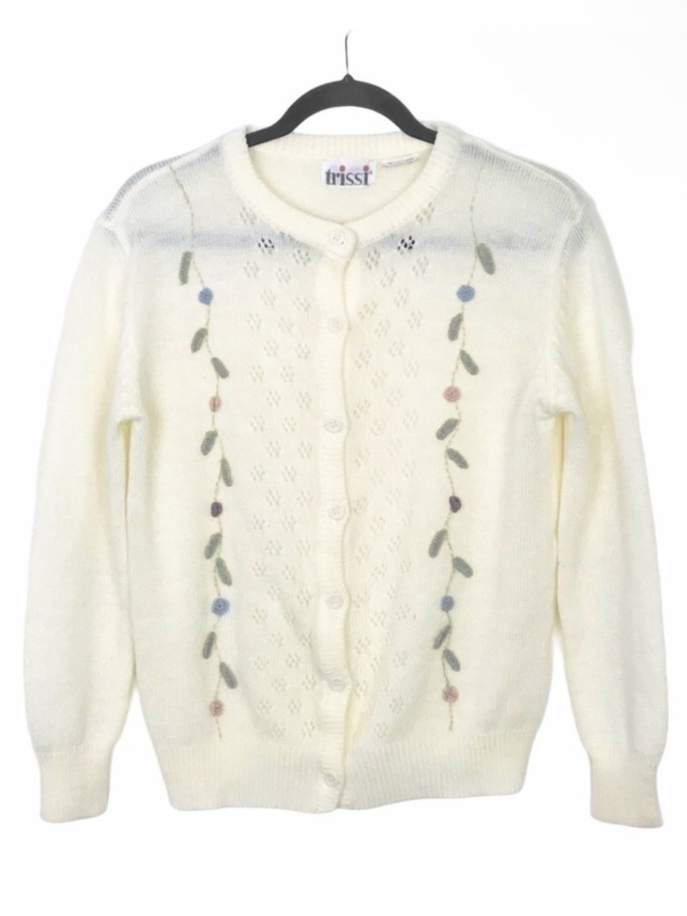 Vintage Trissi Ivory Floral Eyelet Knit Cardigan